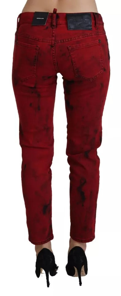 Red Low Waist Cotton Stretch Skinny Pants