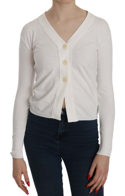 Elegant White V-Neck Cropped Cardigan Blouse