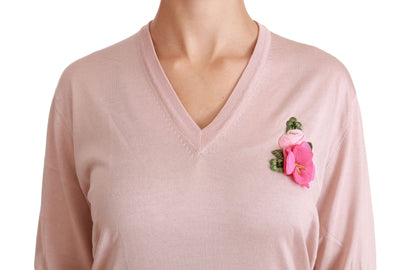 Pink Floral Silk V-Neck Sweater