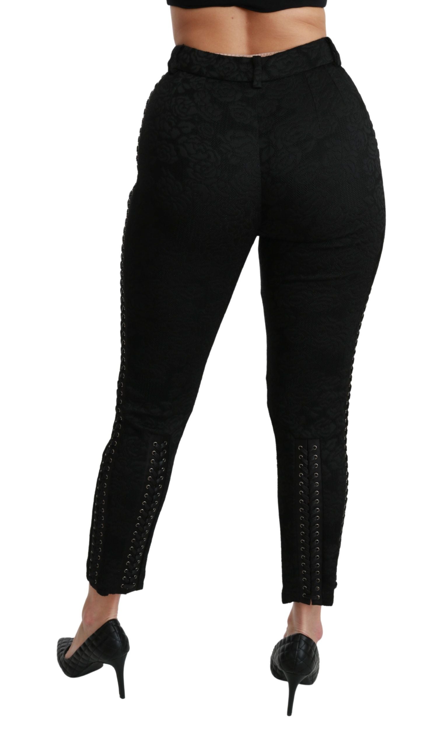 Elegant High Waist Skinny Black Brocade Pants