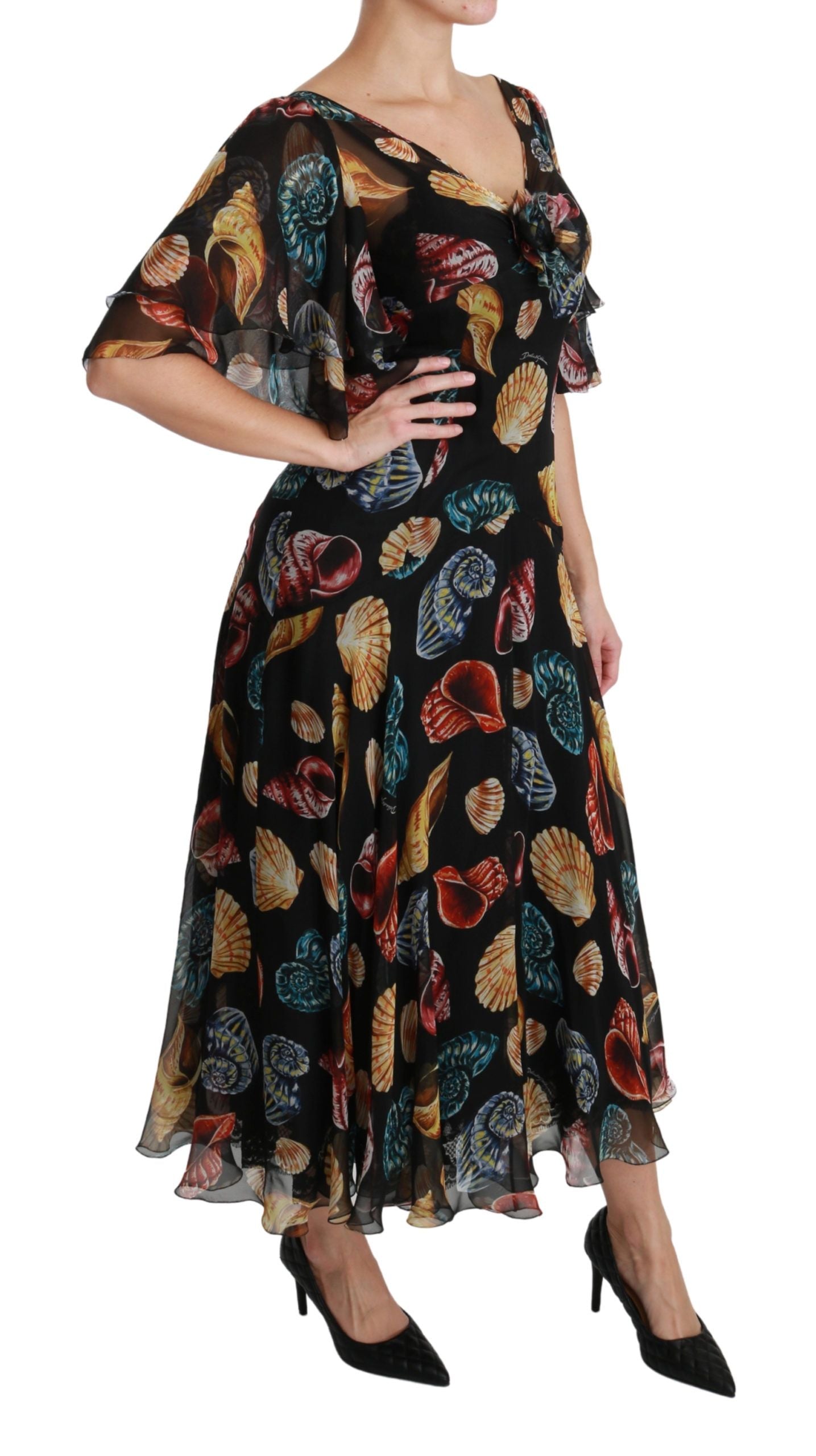 Elegant Sea Shells Print Silk Midi Dress