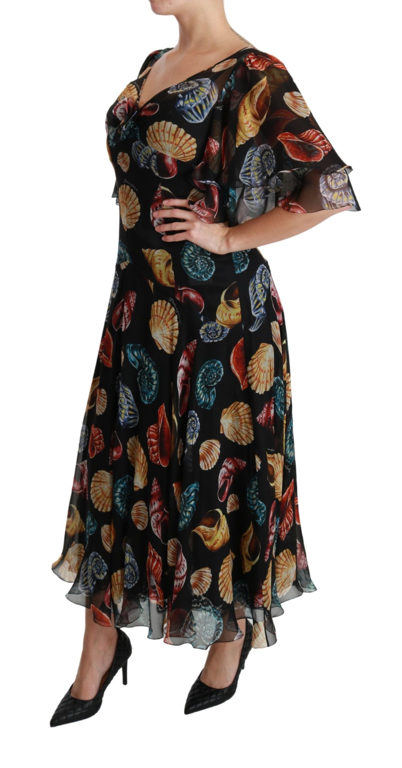 Elegant Sea Shells Print Silk Midi Dress