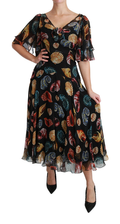 Elegant Sea Shells Print Silk Midi Dress