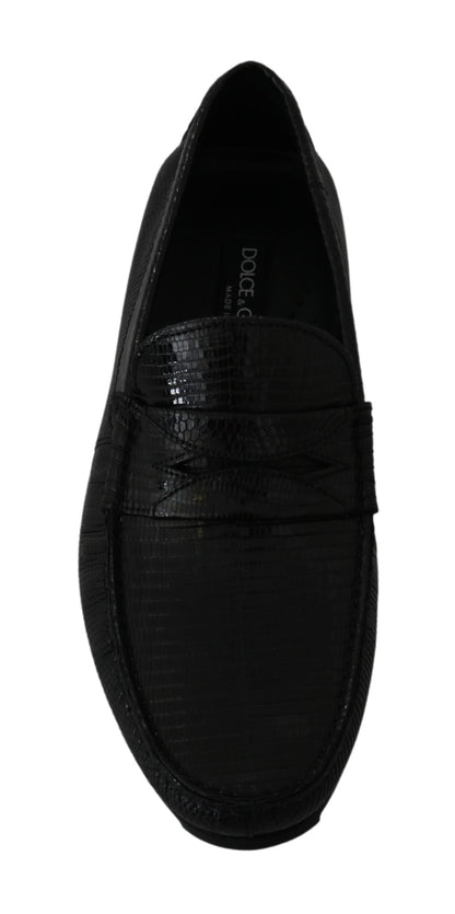 Exquisite Black Lizard Leather Loafers