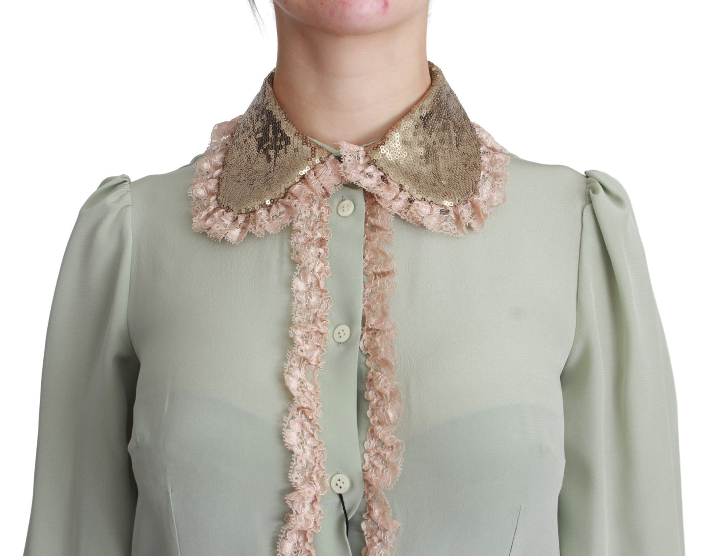 Elegant Mint Green Silk Blend Sequin Collar Top