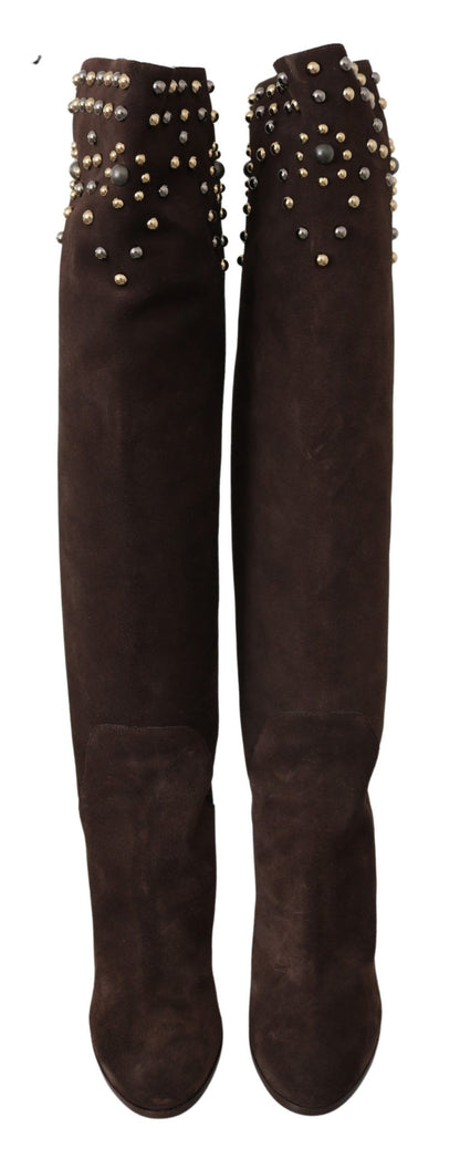 Studded Suede Knee High Boots in Brown