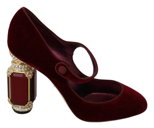 Red Velvet Crystal-Embellished Mary Janes Heels