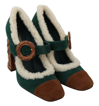 Chic Green Suede Mary Janes with Shearling Trim