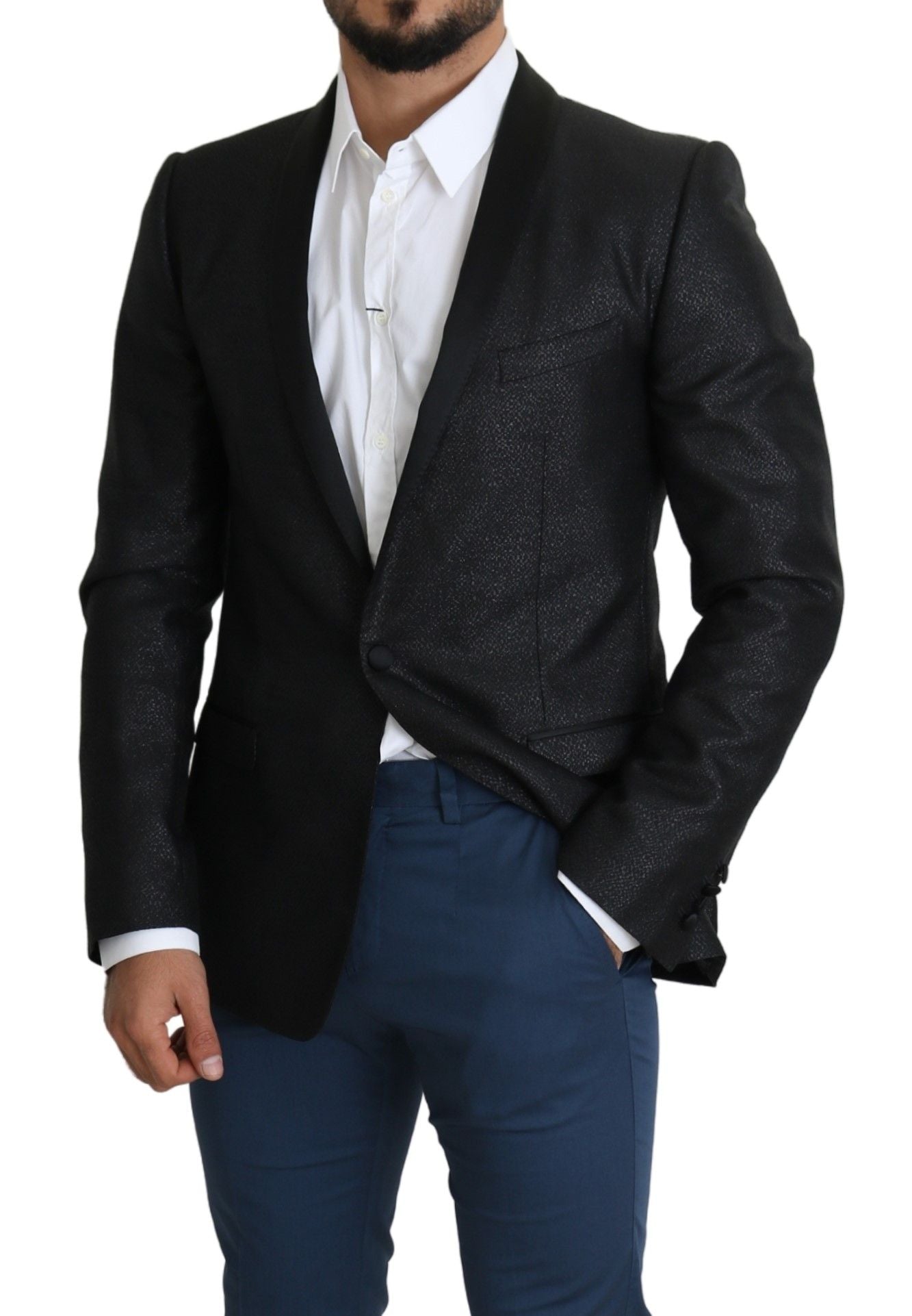 Elegant Black Jacquard Slim Fit Blazer