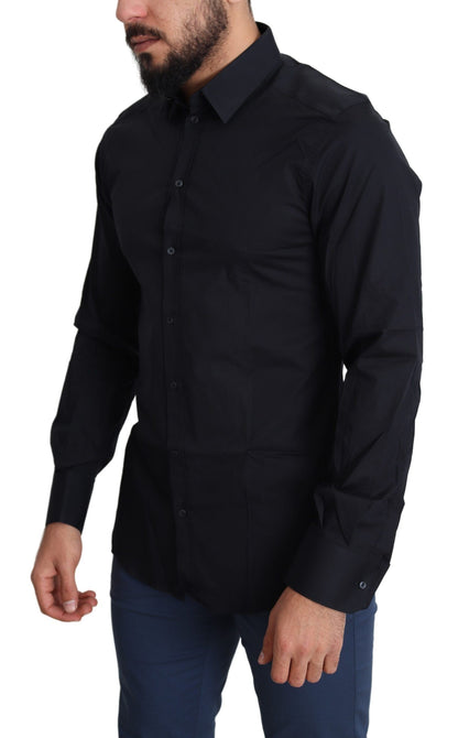 Sleek Black Slim Fit Cotton Stretch Dress Shirt