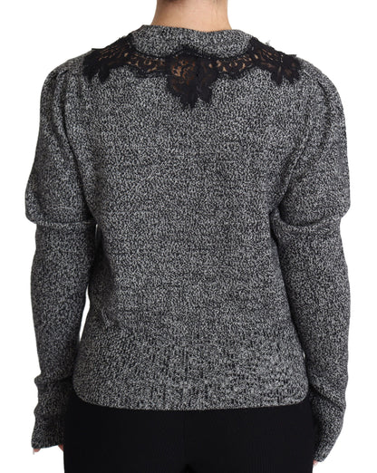 Elegant Grey Cashmere Lace-Trim Sweater