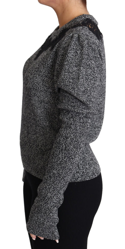 Elegant Grey Cashmere Lace-Trim Sweater