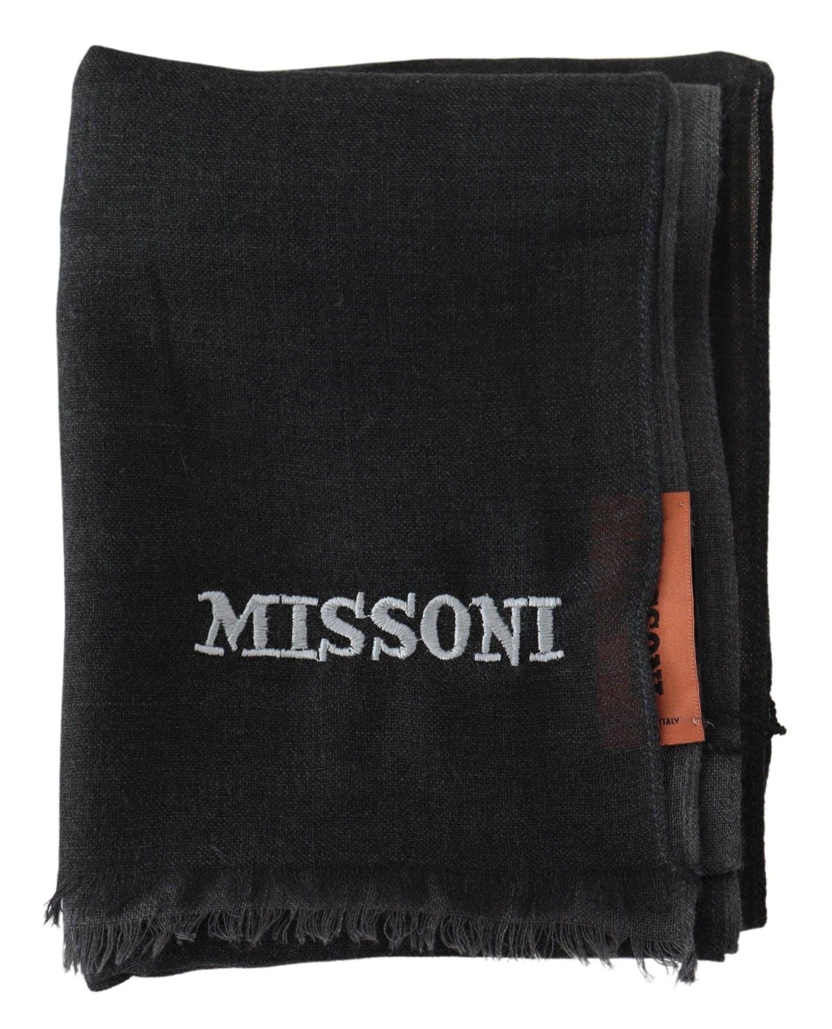 Elegant Black Wool Scarf with Embroidered Logo