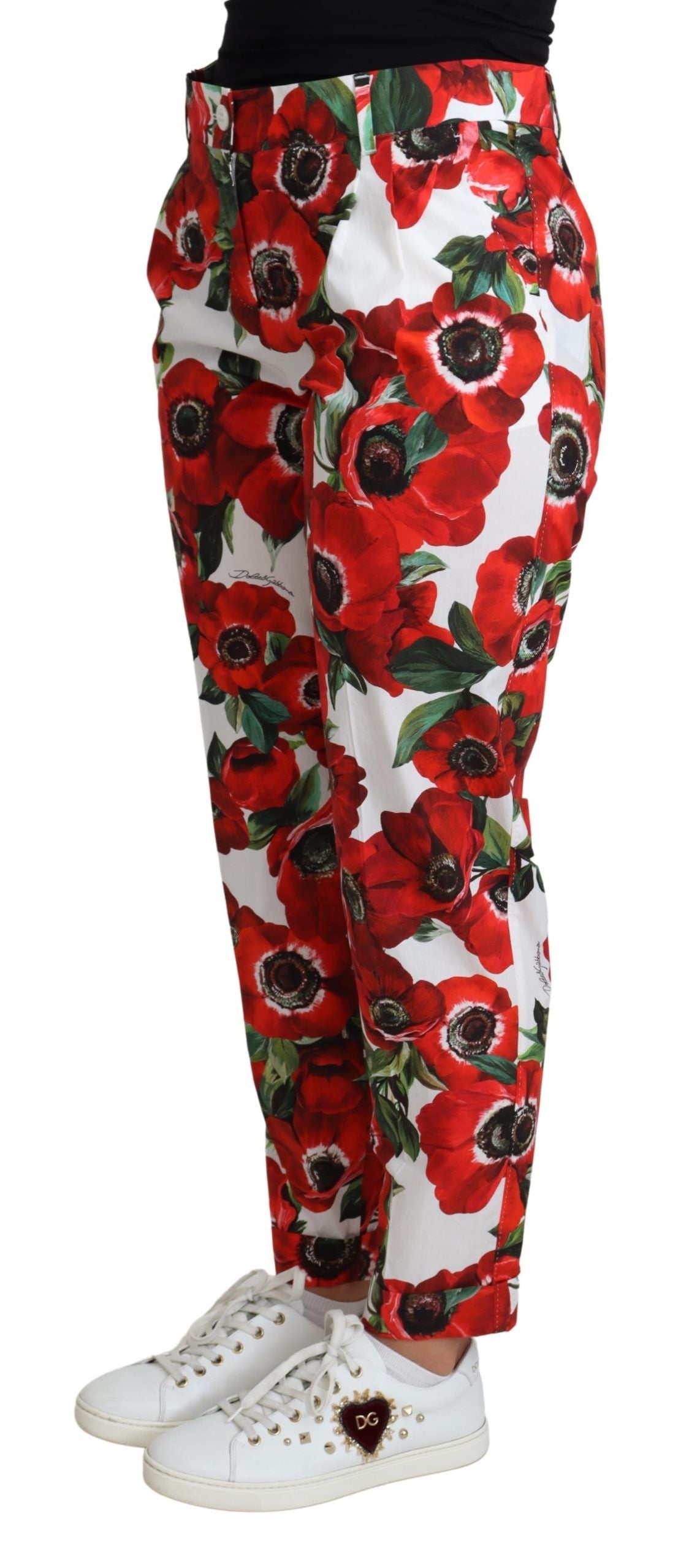 Elegant White Poppy Print Tapered Pants