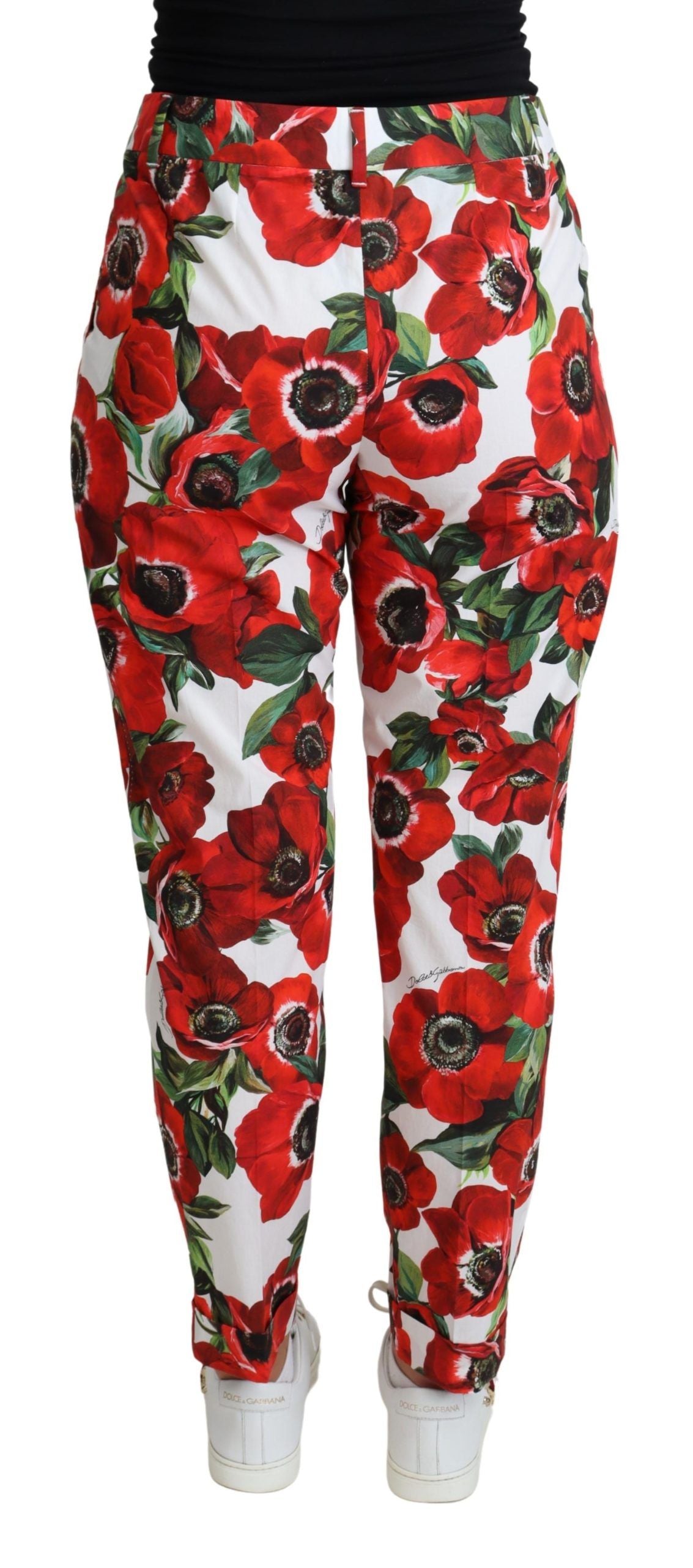 Elegant White Poppy Print Tapered Pants