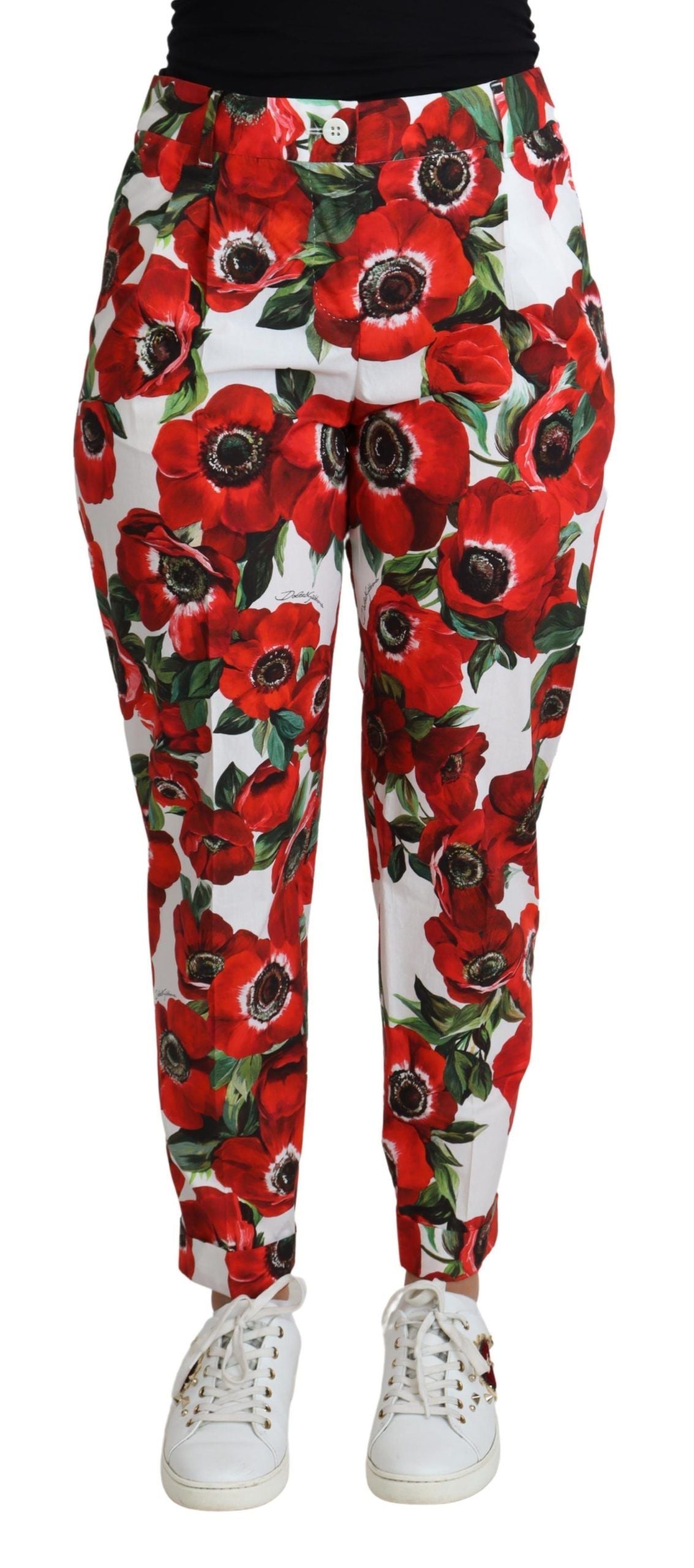 Elegant White Poppy Print Tapered Pants