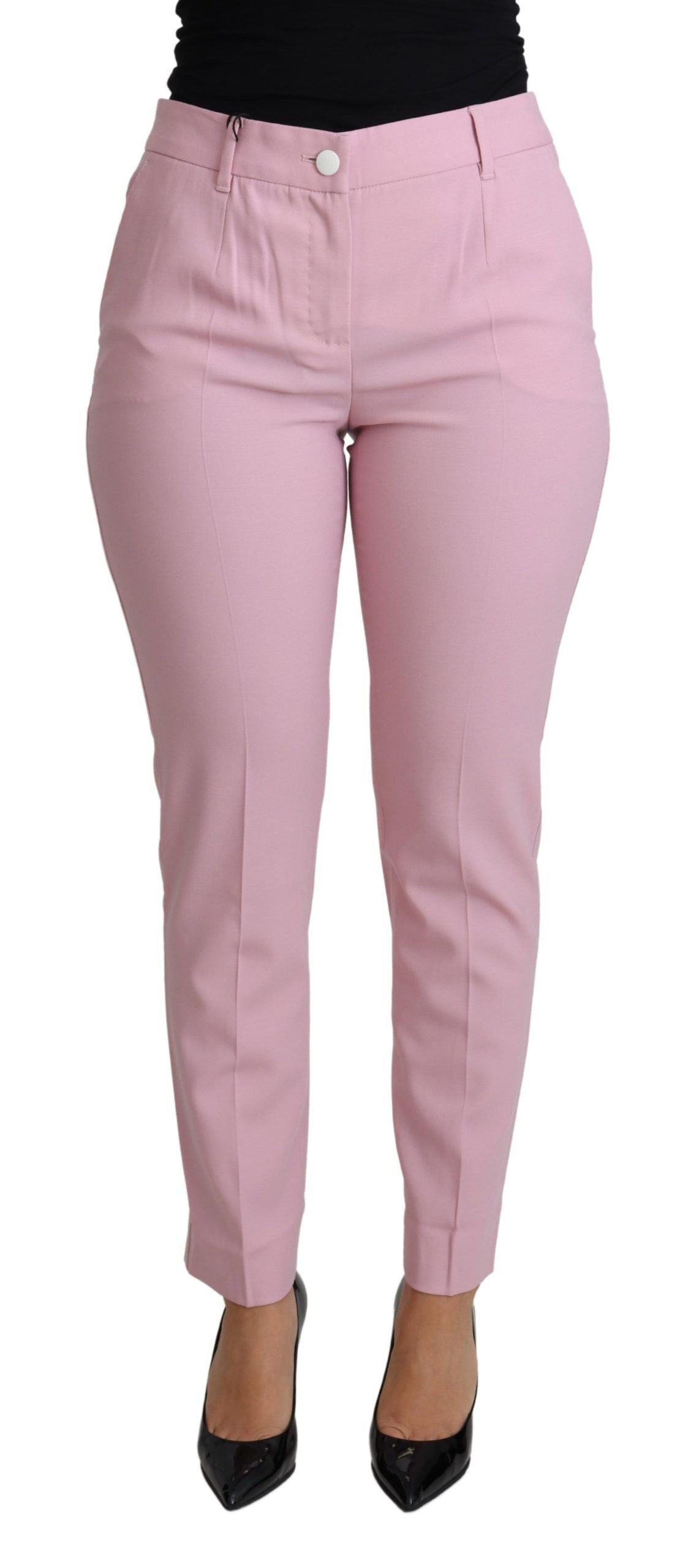 Elegant Pink High-Waisted Wool Trousers