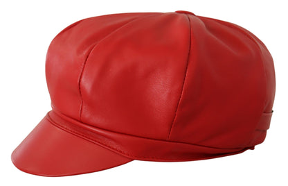 Chic Red Leather Cabbie Cap