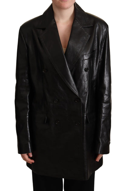 Elegant Black Leather Double-Breasted Jacket