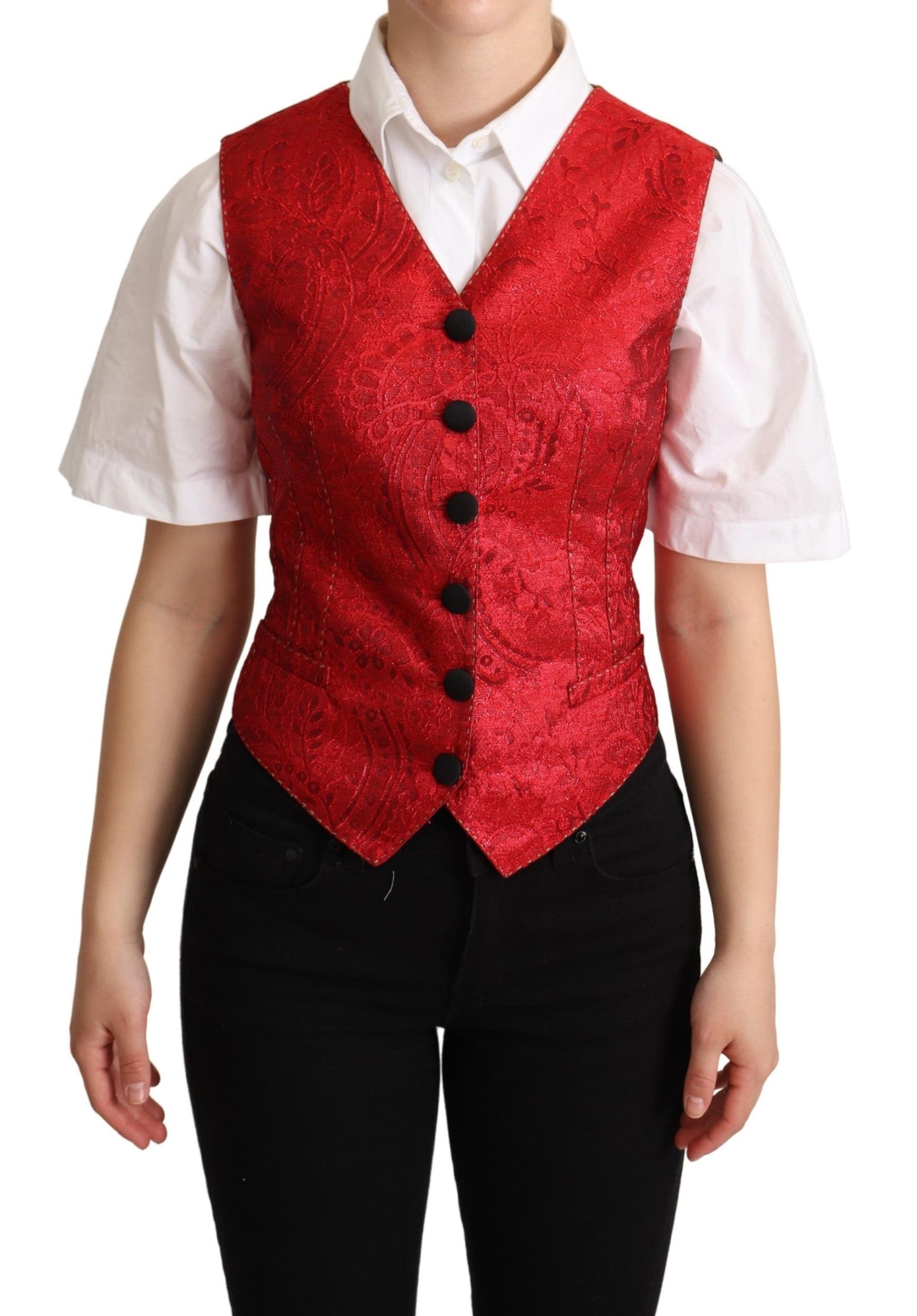 Red Brocade Leopard Print Waistcoat