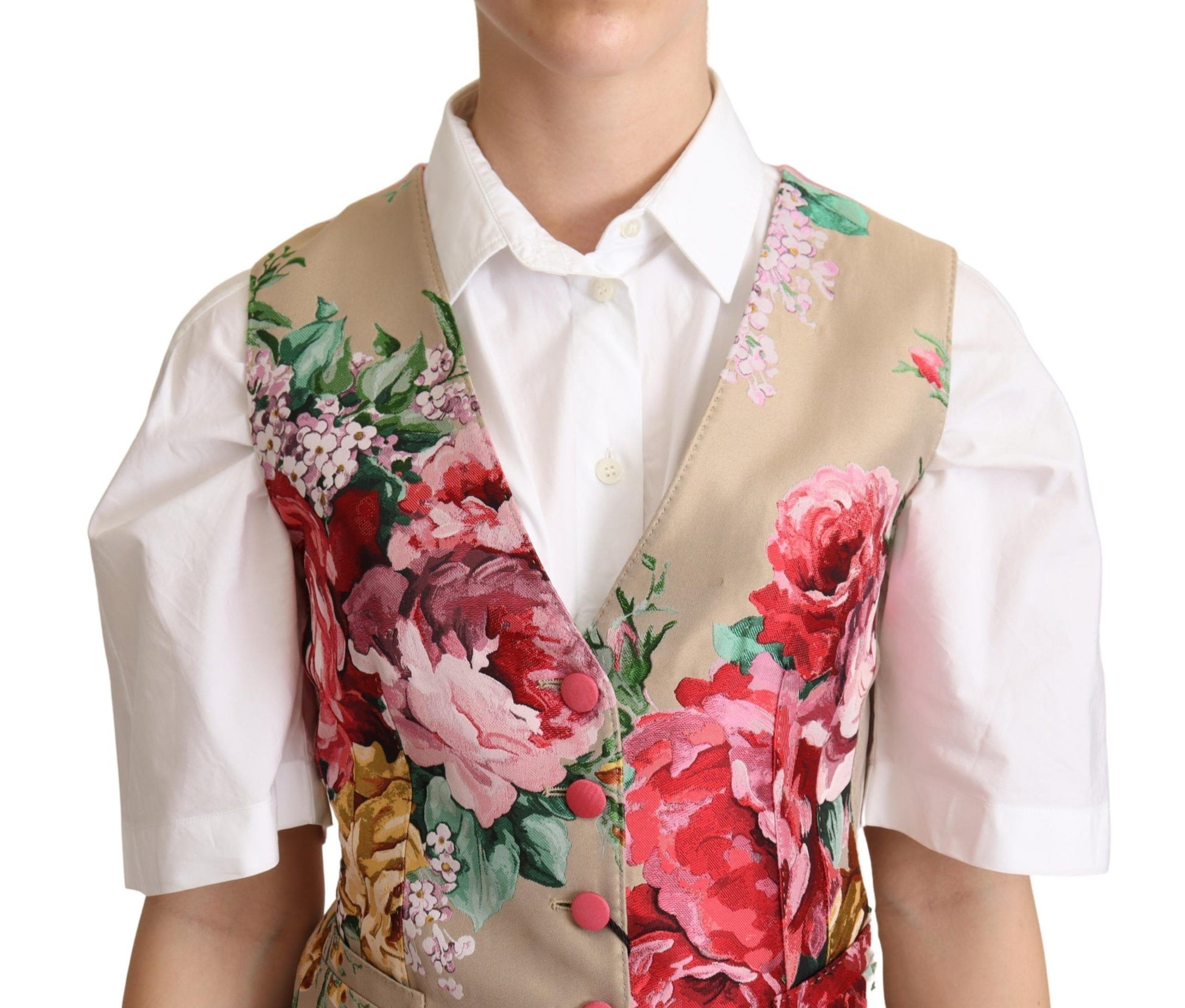 Elegant Floral Beige Sleeveless Vest