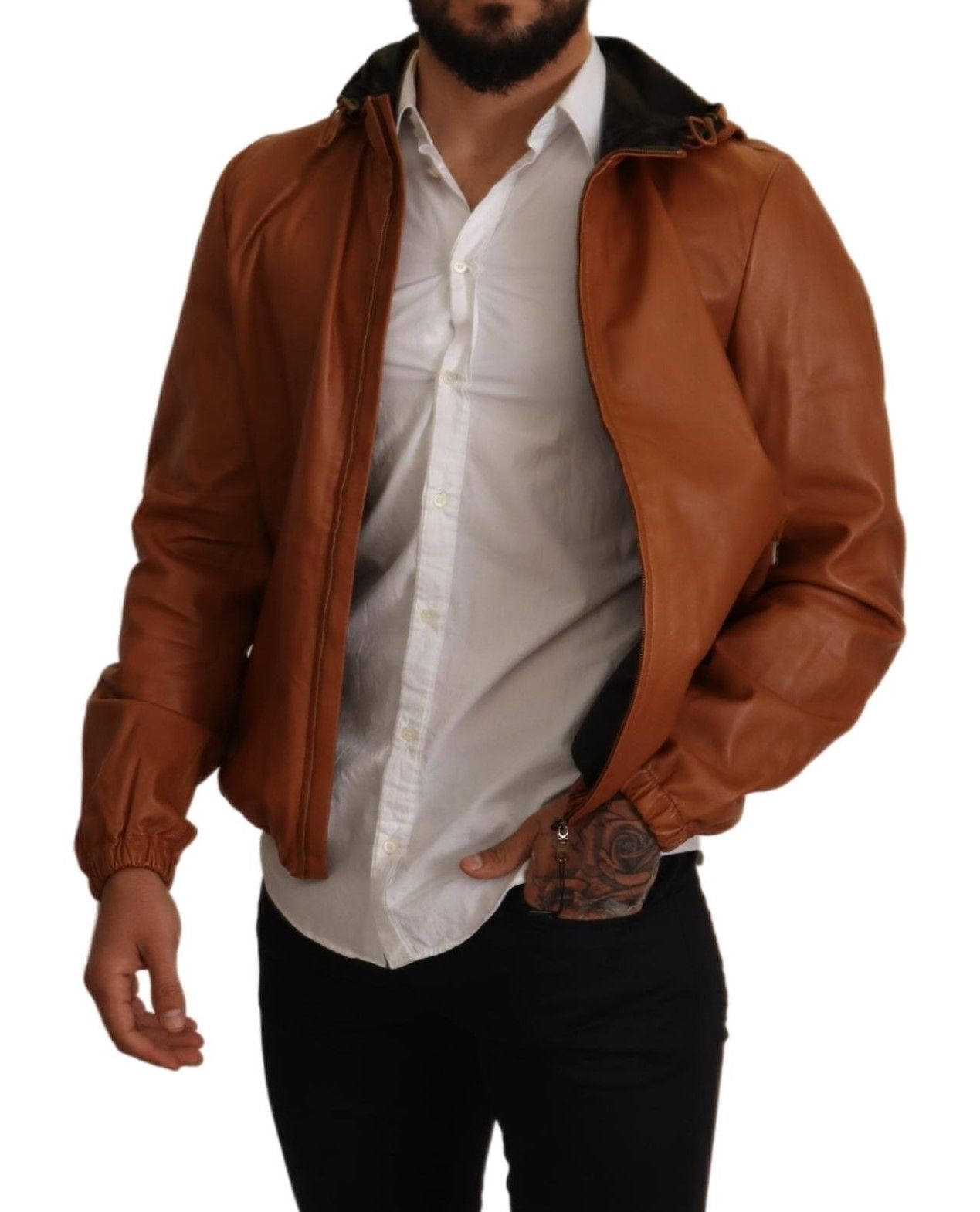 Elegant Brown Leather Bomber Jacket