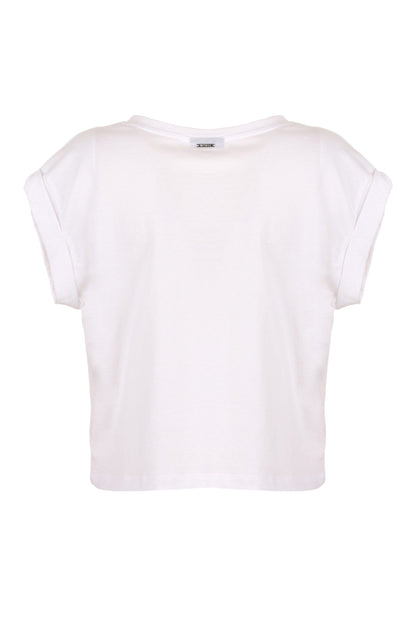 Chic White Cotton Tee with Brass Accents