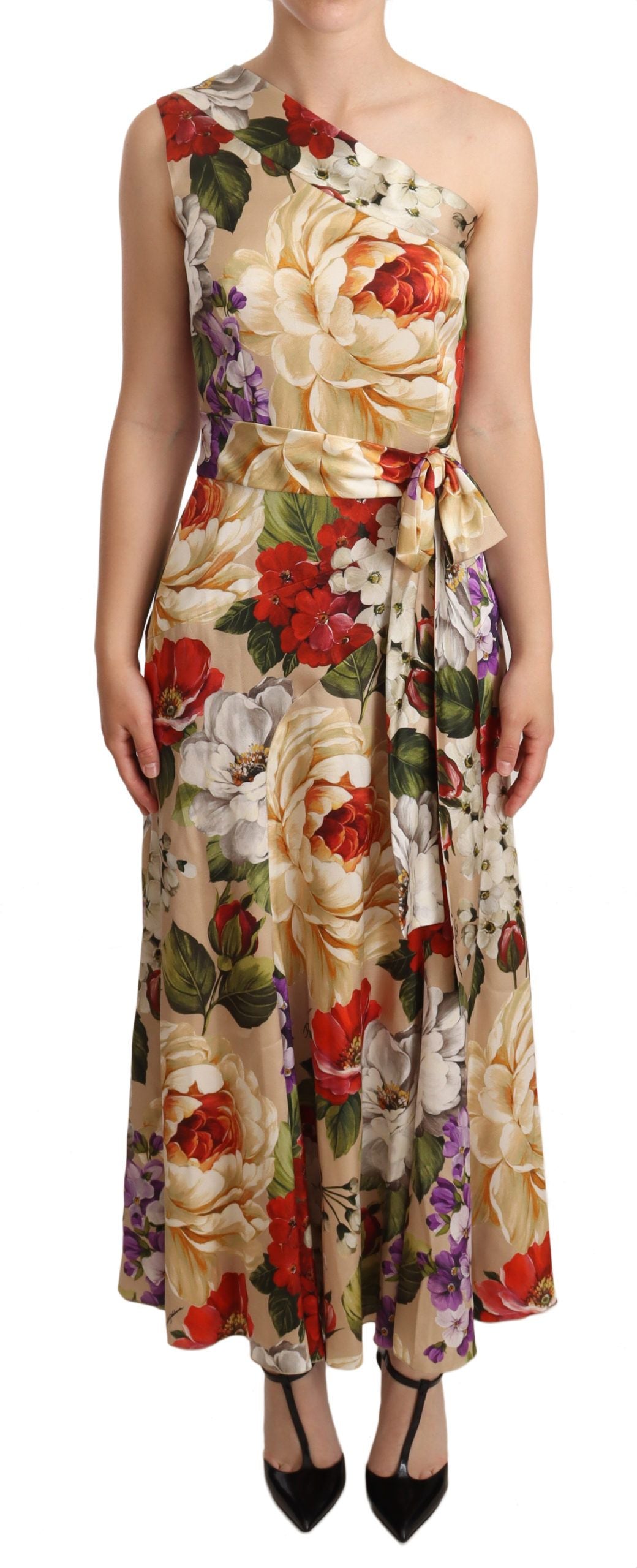 Elegant Floral One-Shoulder Silk Dress