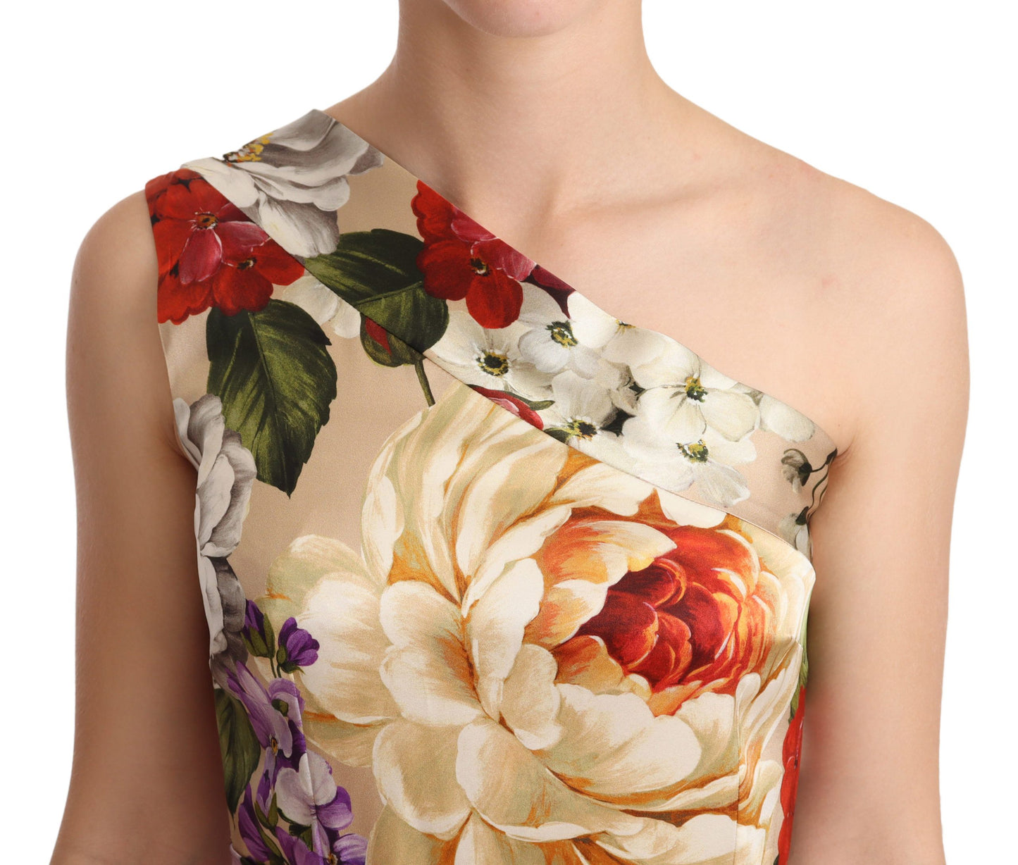 Elegant Floral One-Shoulder Silk Dress