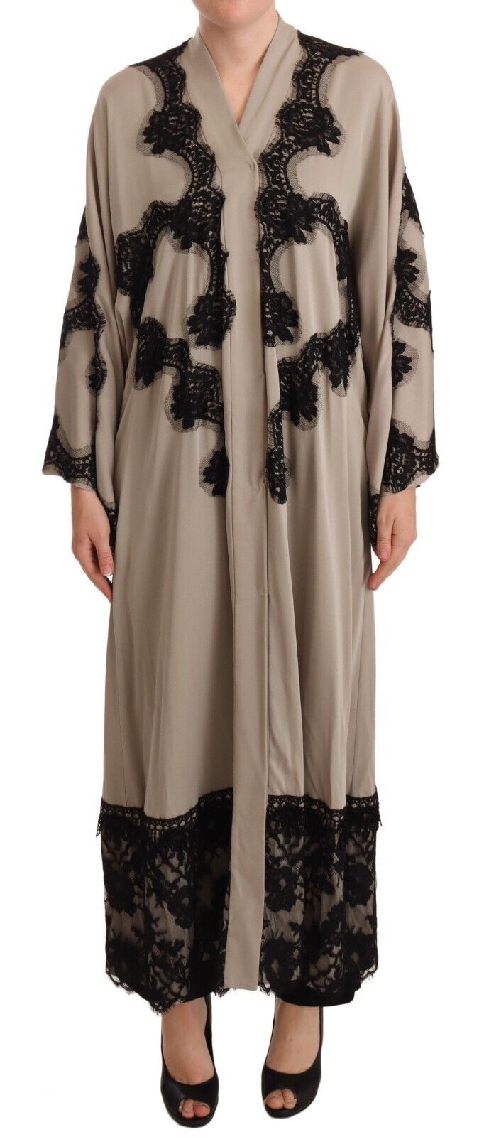 Elegant Beige Embroidered Lace Kaftan Dress