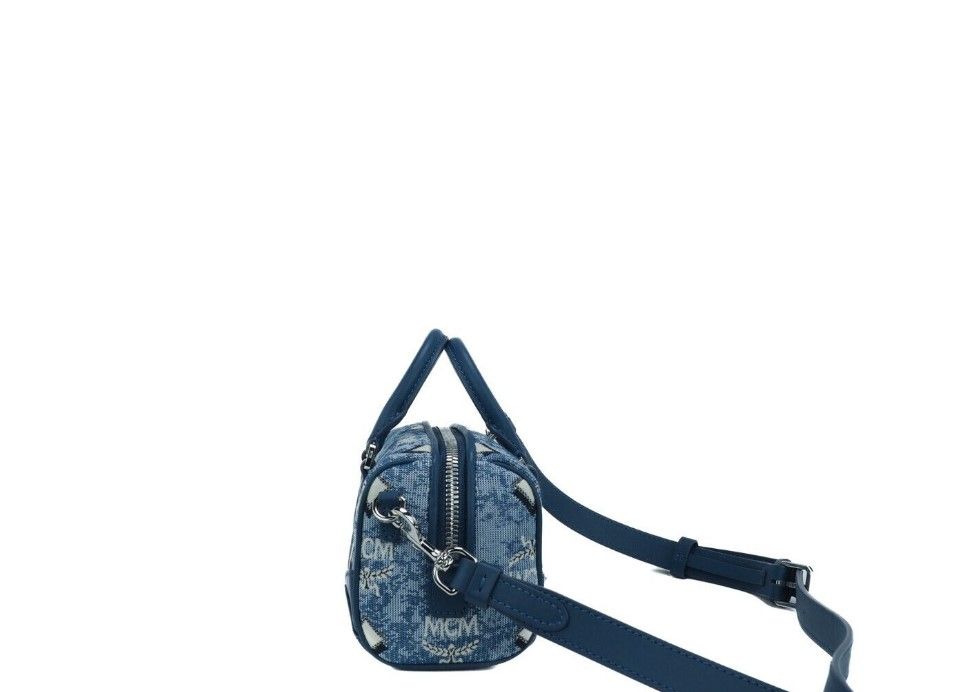 Boston Mini Blue Vintage Jacquard Logo Fabric Satchel Crossbody Handbag