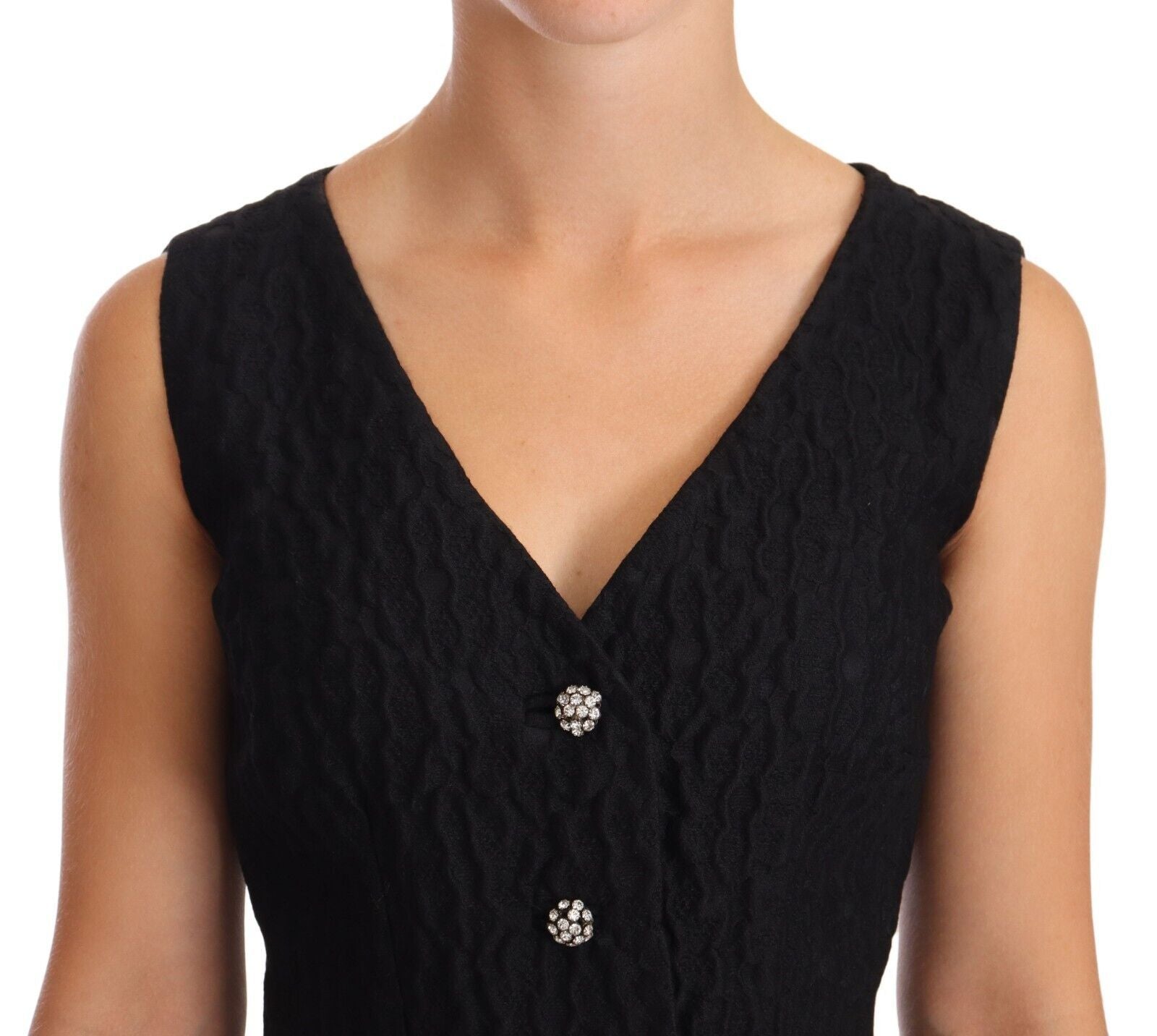 Elegant Black Sheath Mini Dress with Crystal Buttons