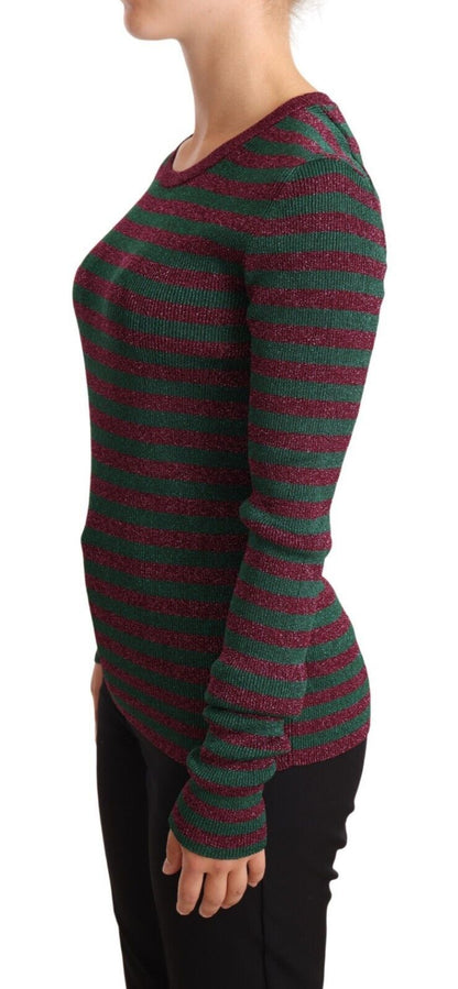 Elegant Maroon and Green Striped Crewneck Sweater