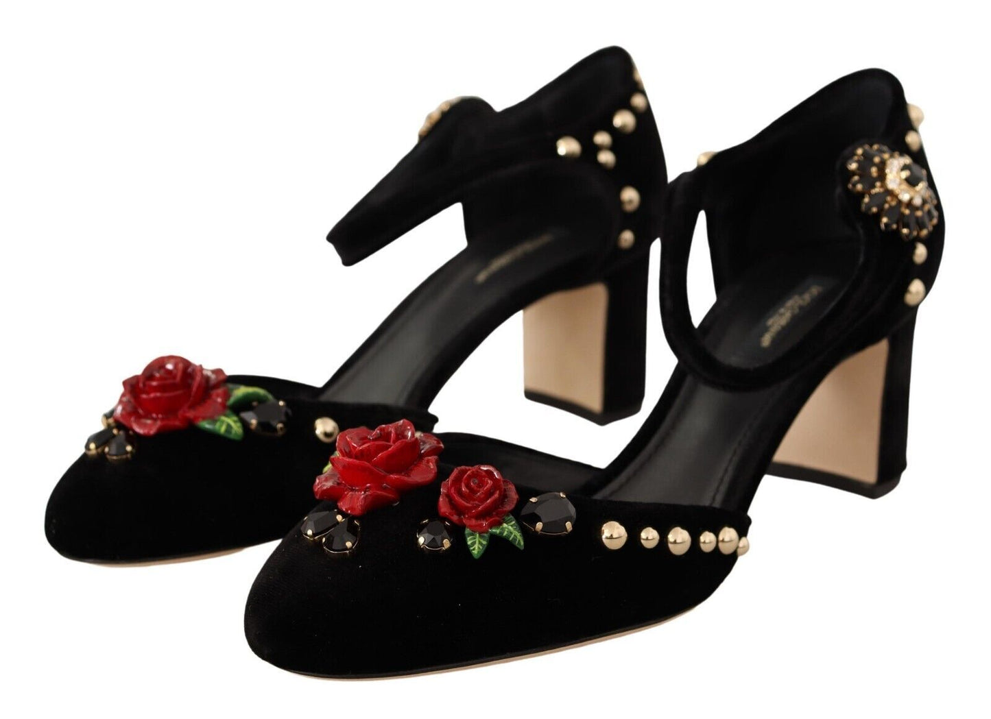 Elegant Velvet Studded Heels with Floral Accent