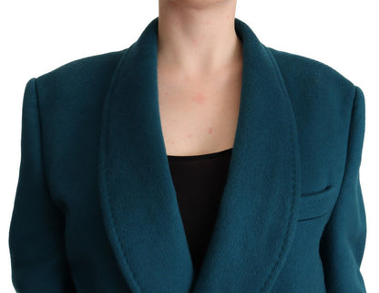 Elegant Blue Green Wool-Anogra Wrap Coat