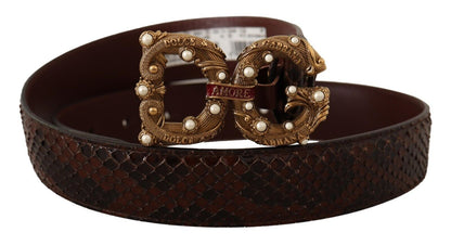 Elegant Phyton Leather Pearl Buckle Belt