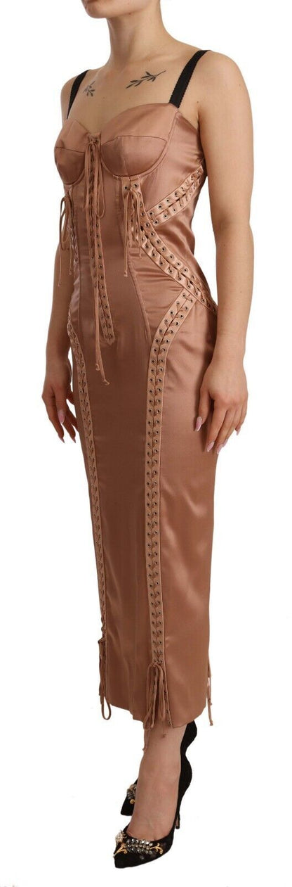 Elegant Beige Corset Midi Silk Dress