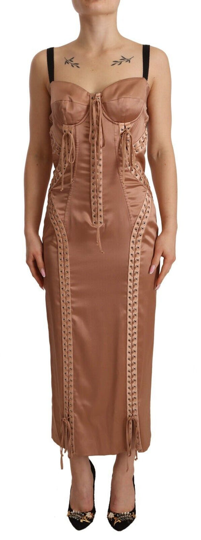 Elegant Beige Corset Midi Silk Dress