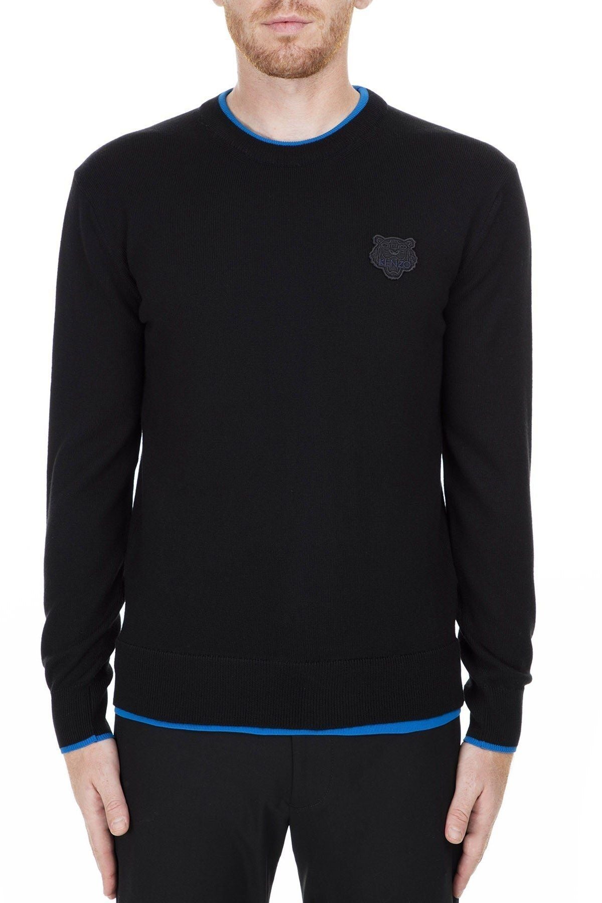 Sleek Black Roundneck Sweater with Blue Accents