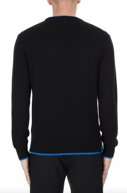 Sleek Black Roundneck Sweater with Blue Accents