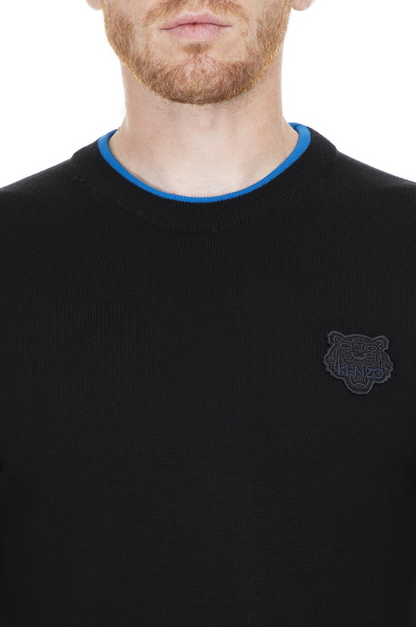 Sleek Black Roundneck Sweater with Blue Accents