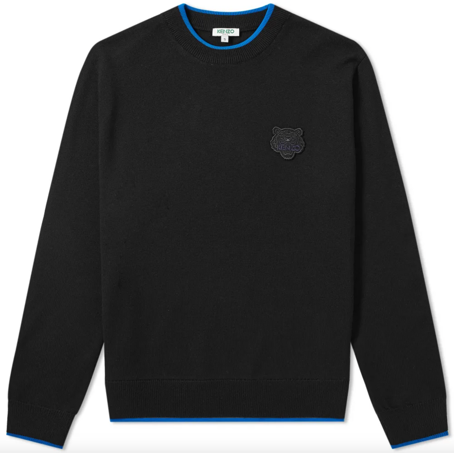 Sleek Black Roundneck Sweater with Blue Accents