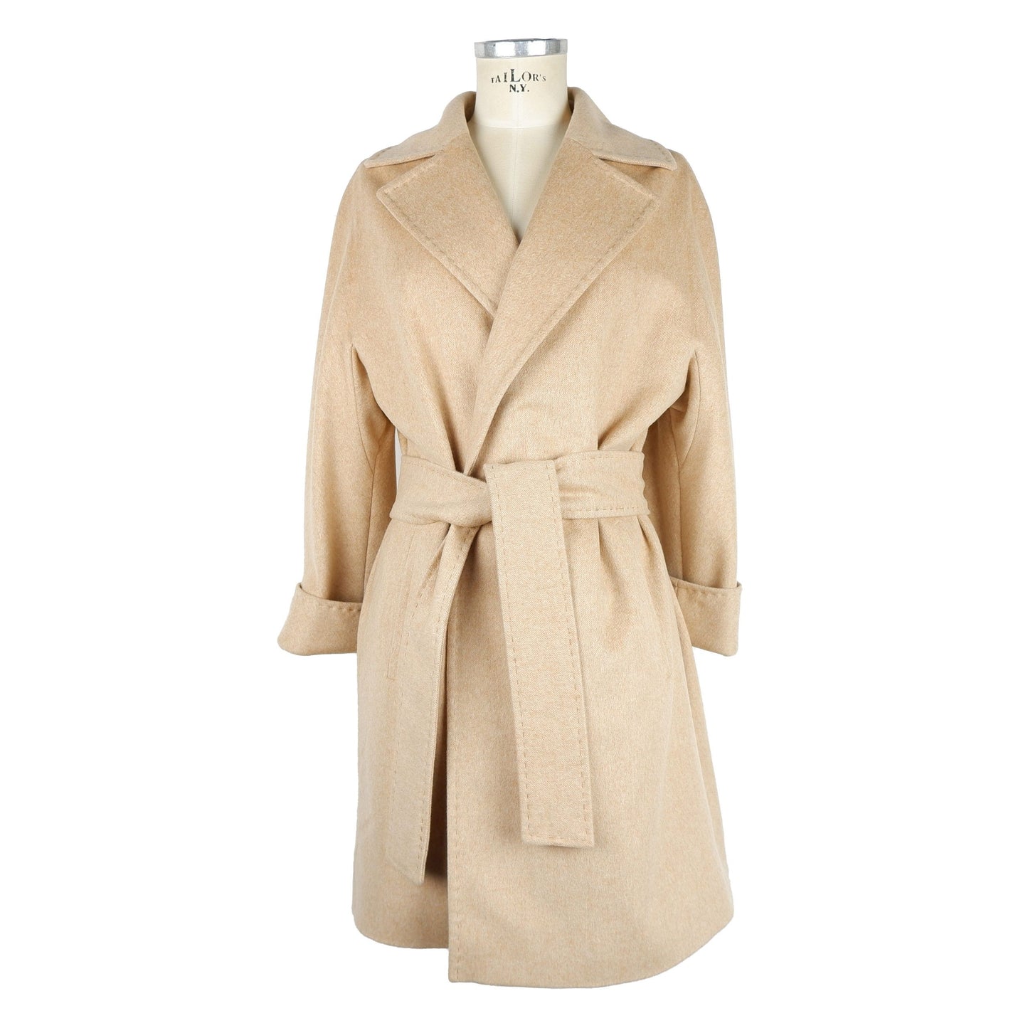 Elegant Beige Wool Coat with Waist Belt