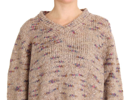 Beige Oversized V-Neck Knitted Sweater