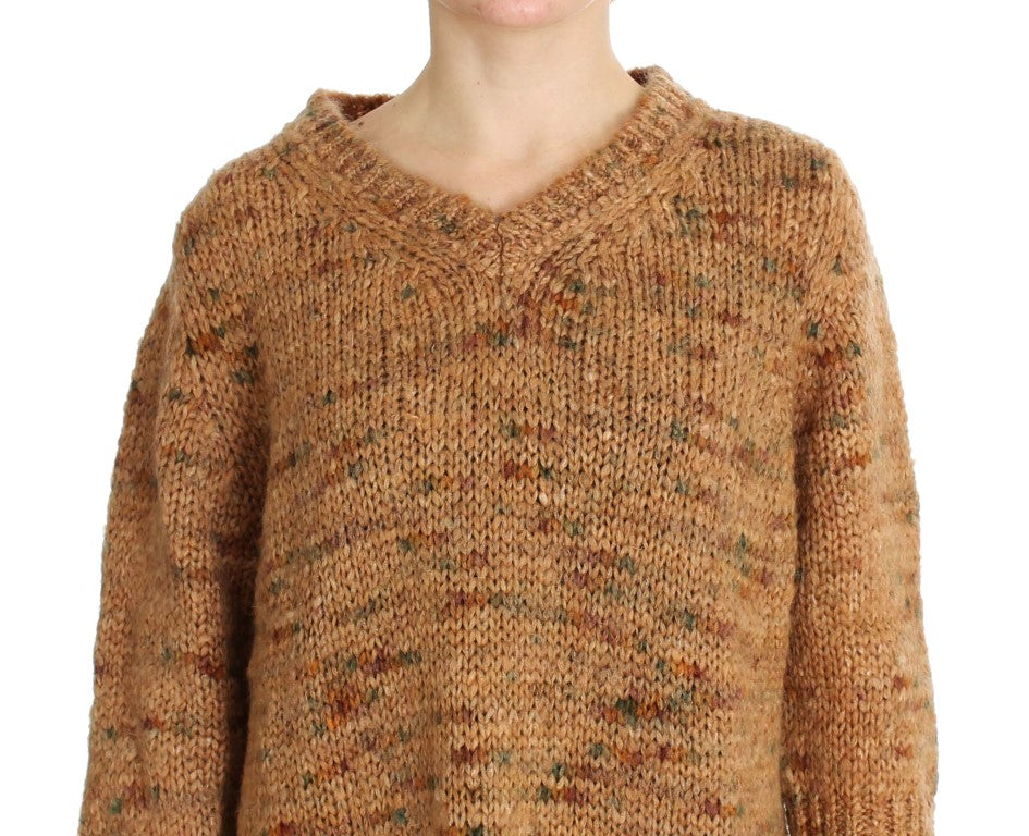 Chic Brown Oversize Knitted V-Neck Sweater