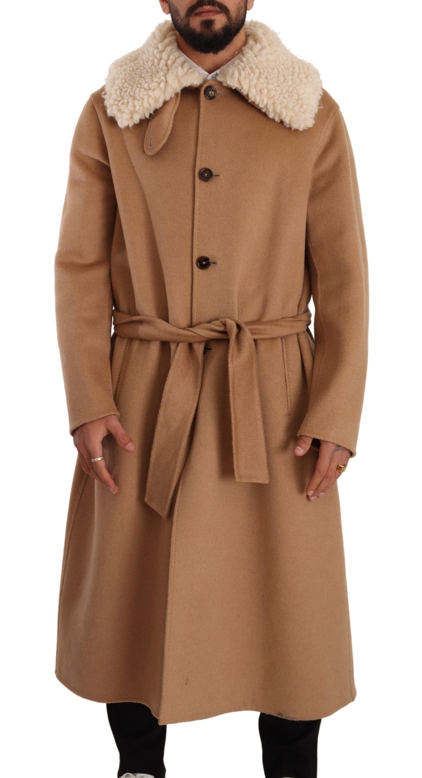 Opulent Beige Shearling-Collar Overcoat