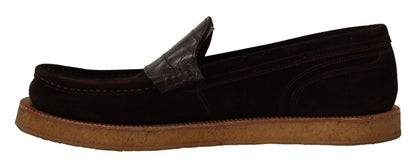 Elegant Suede Crocodile Loafers in Brown