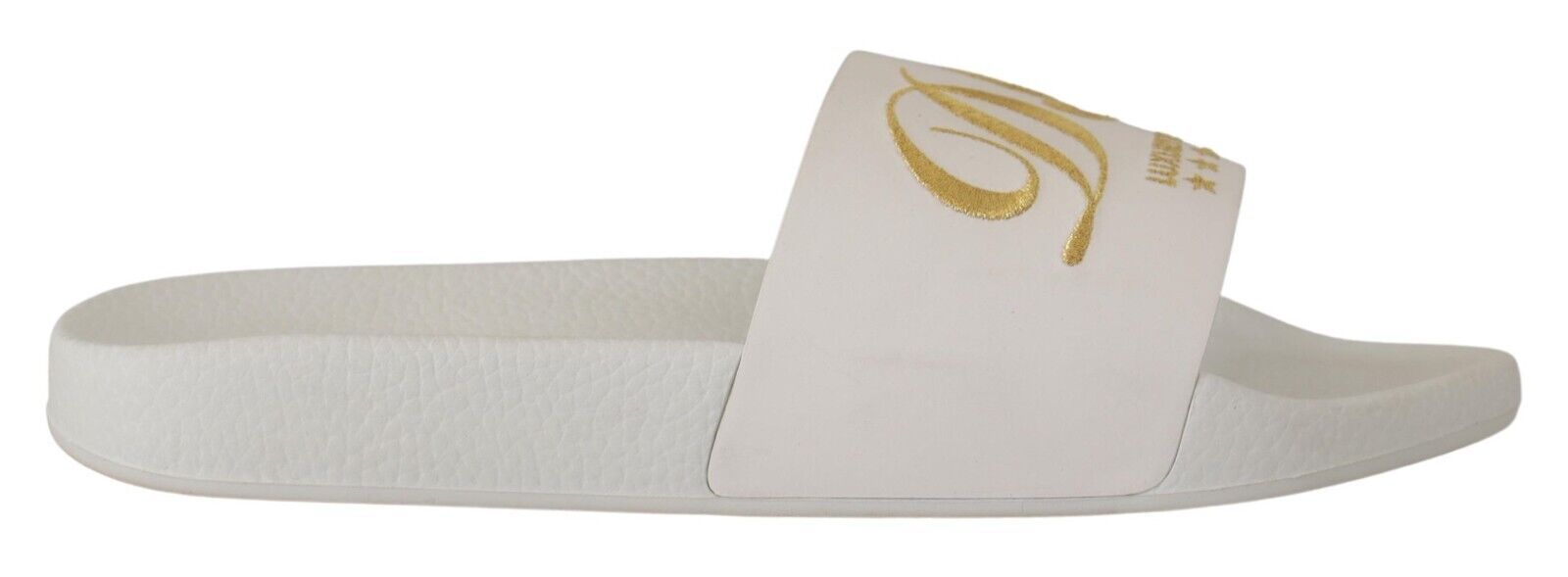 Chic White Leather Slides with Gold Embroidery