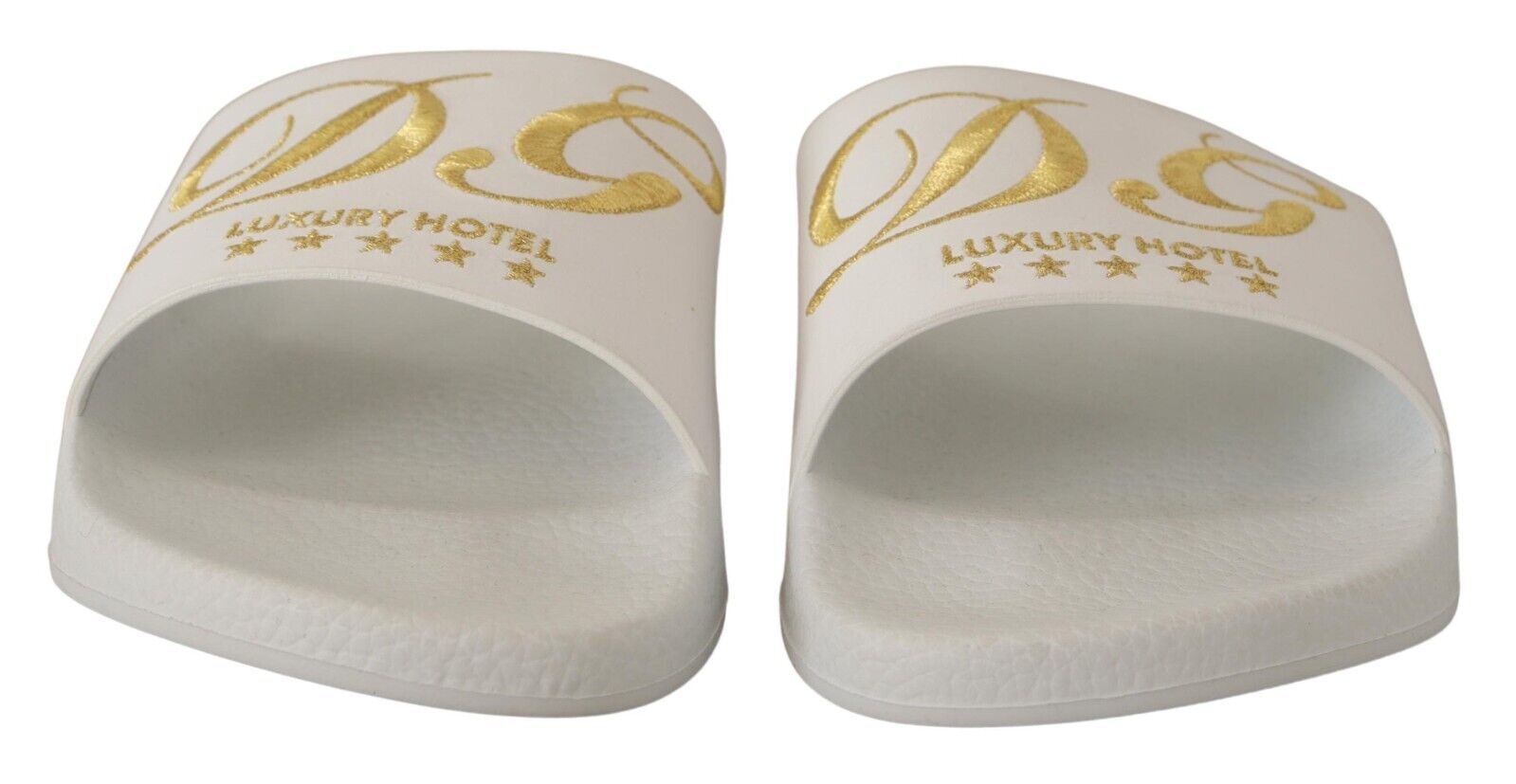 Chic White Leather Slides with Gold Embroidery