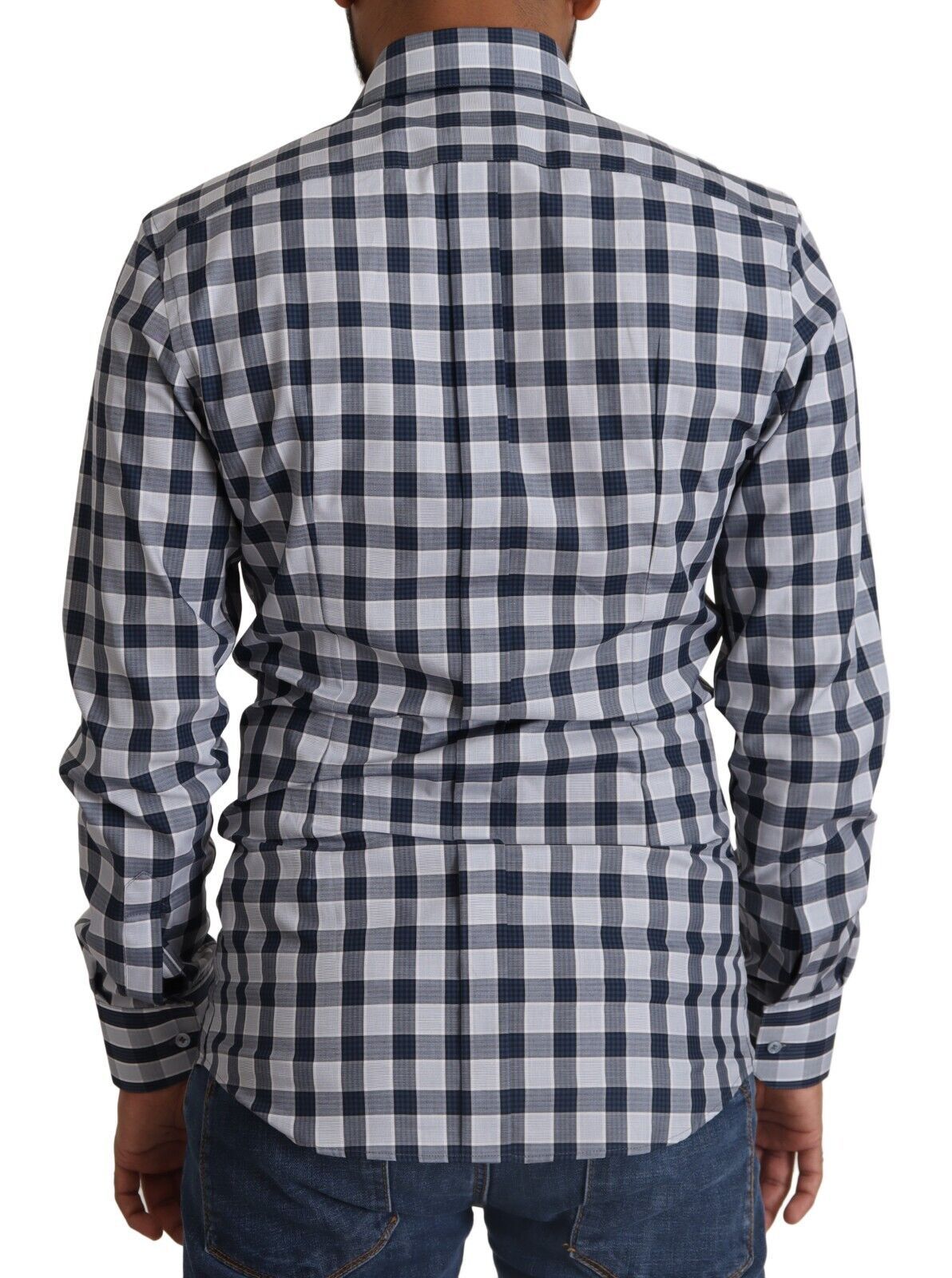 Elegant Blue & White Checkered Slim Fit Dress Shirt